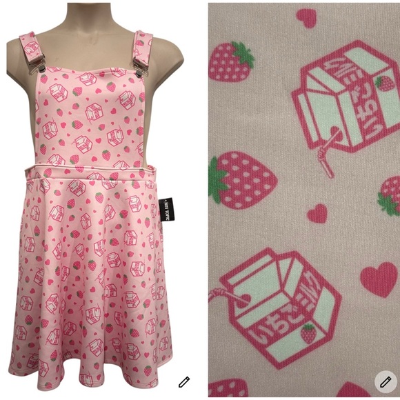 Hot Topic Strawberry Milk Scuba Skirtall Overall XL Pink White Pockets Kawaii - Picture 1 of 11